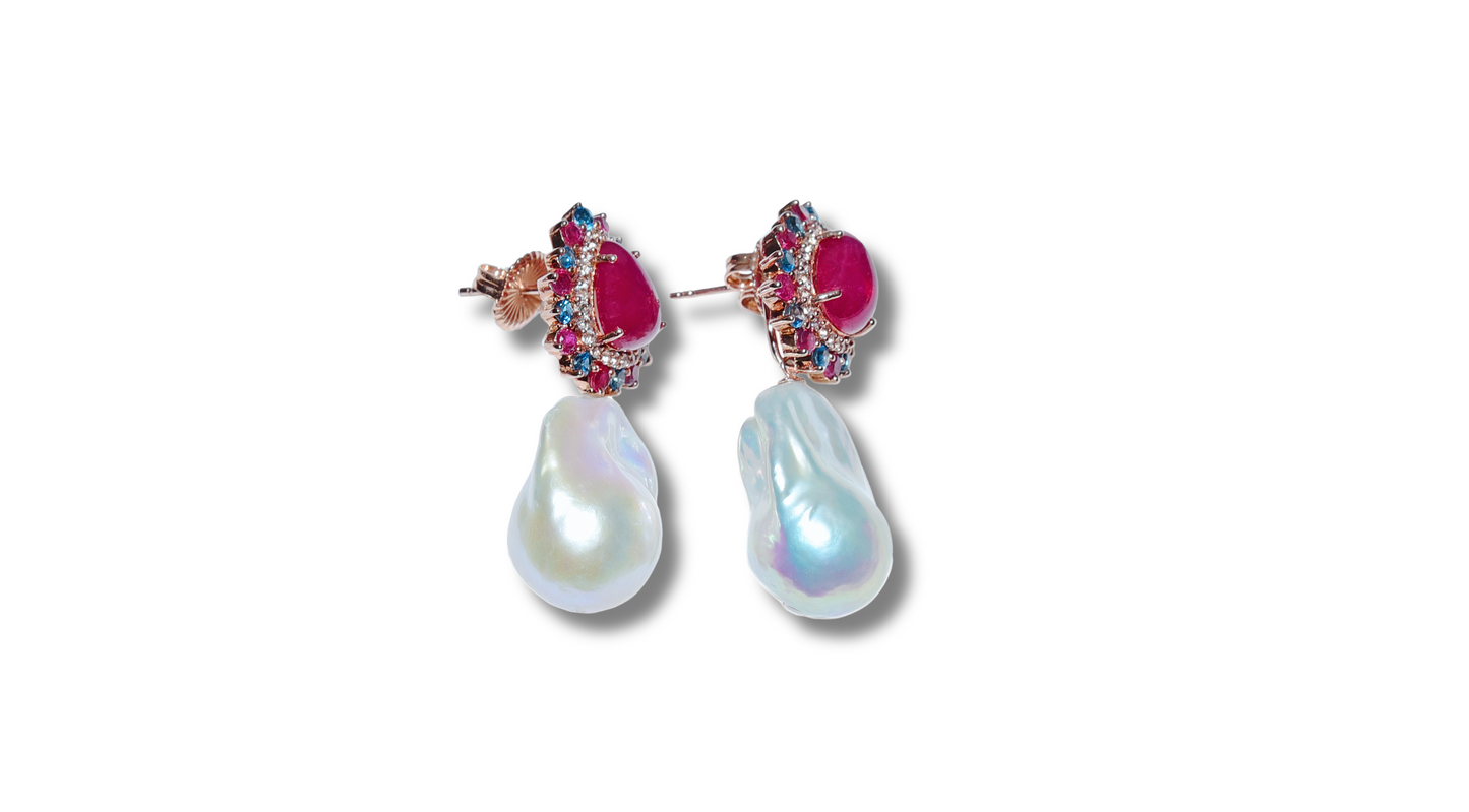 Oriental Queen Rubies, Sapphires, and Pearl Earrings.