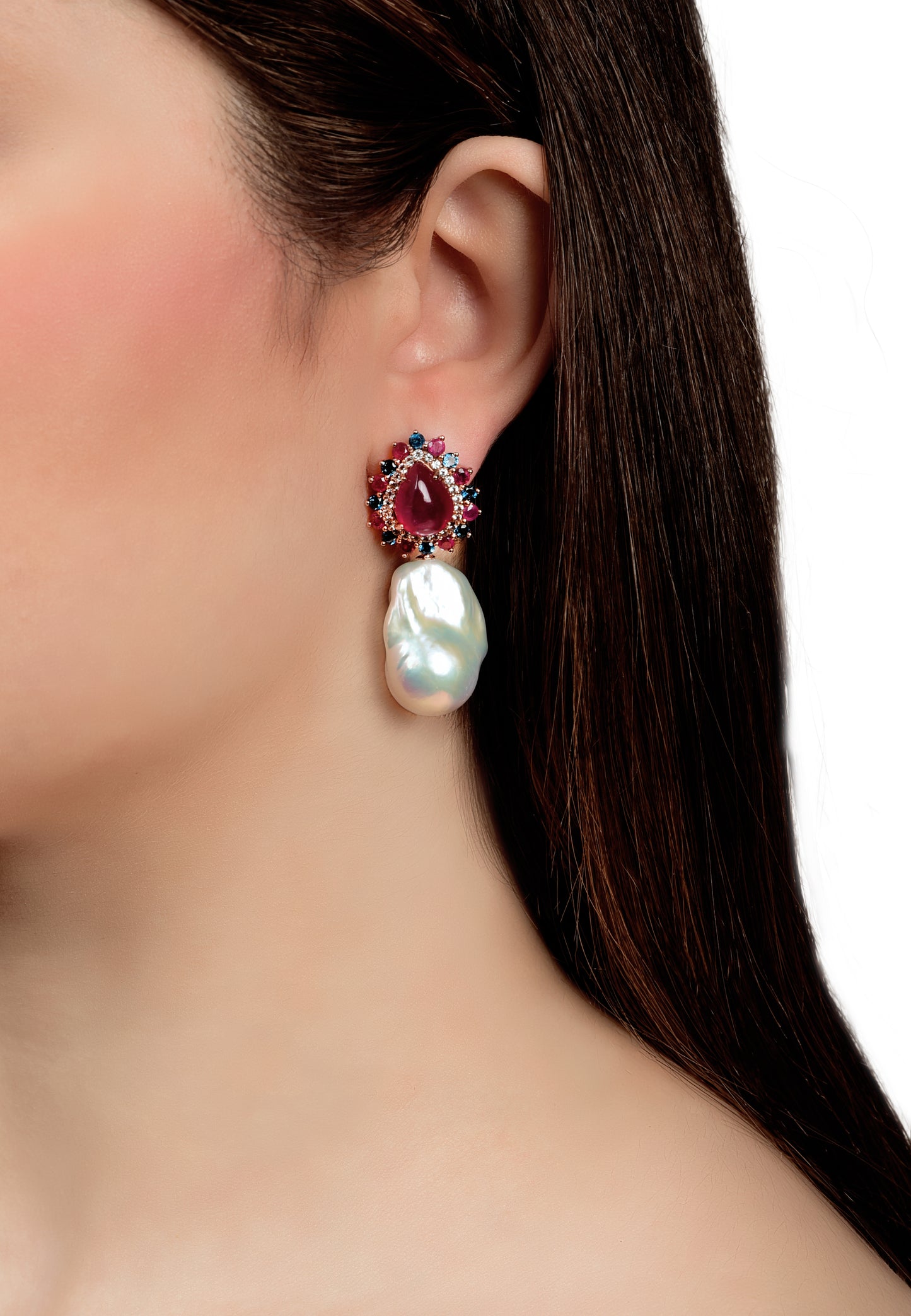 Oriental Queen Rubies, Sapphires, and Pearl Earrings.
