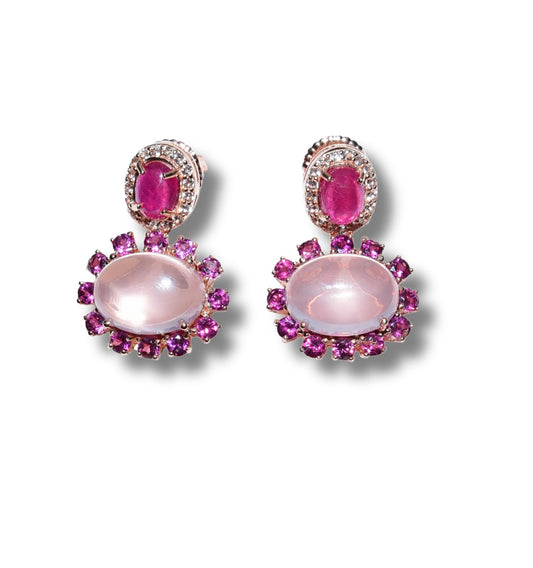 Lady in Pink Rose-quarts and Natural Ruby Earrings.