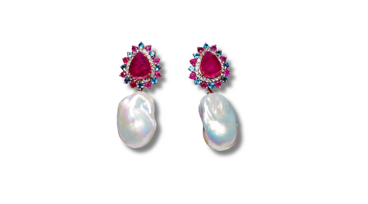 Oriental Queen Rubies, Sapphires, and Pearl Earrings.