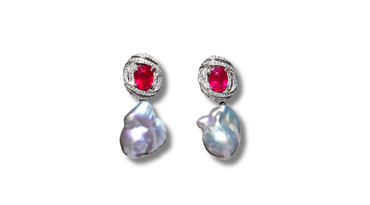 Lady in Grey Earings: Rubies, White Topaz and Pearls.