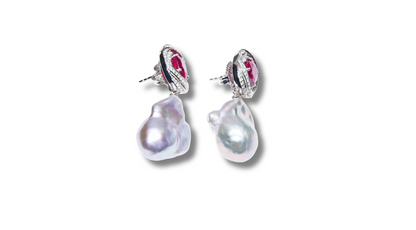 Lady in Grey Earings: Rubies, White Topaz and Pearls.