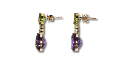 18K Yellow Gold, Natural Amethyst, and Paradot Earrings.