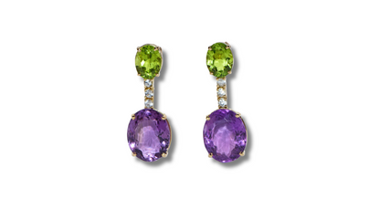 18K Yellow Gold, Natural Amethyst, and Paradot Earrings.